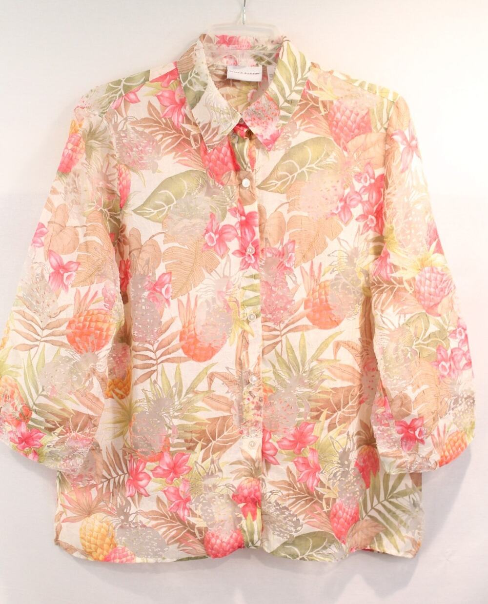 Alfred Dunner Semi-Sheer Tropical Top Womens size 14 Button Down 3/4 Sleeve